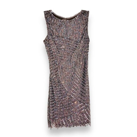 AIDAN MATTOX Formal Dark Grey, Open Back Sequin Beaded Sparkly Mini Dress SIZE 8 - Picture 1 of 15
